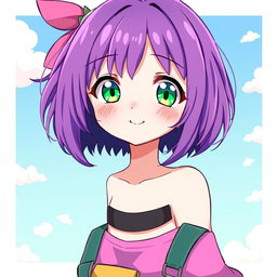 A woman with short, vibrant purple hair and captivating green eyes, illustrated in a charming anime style