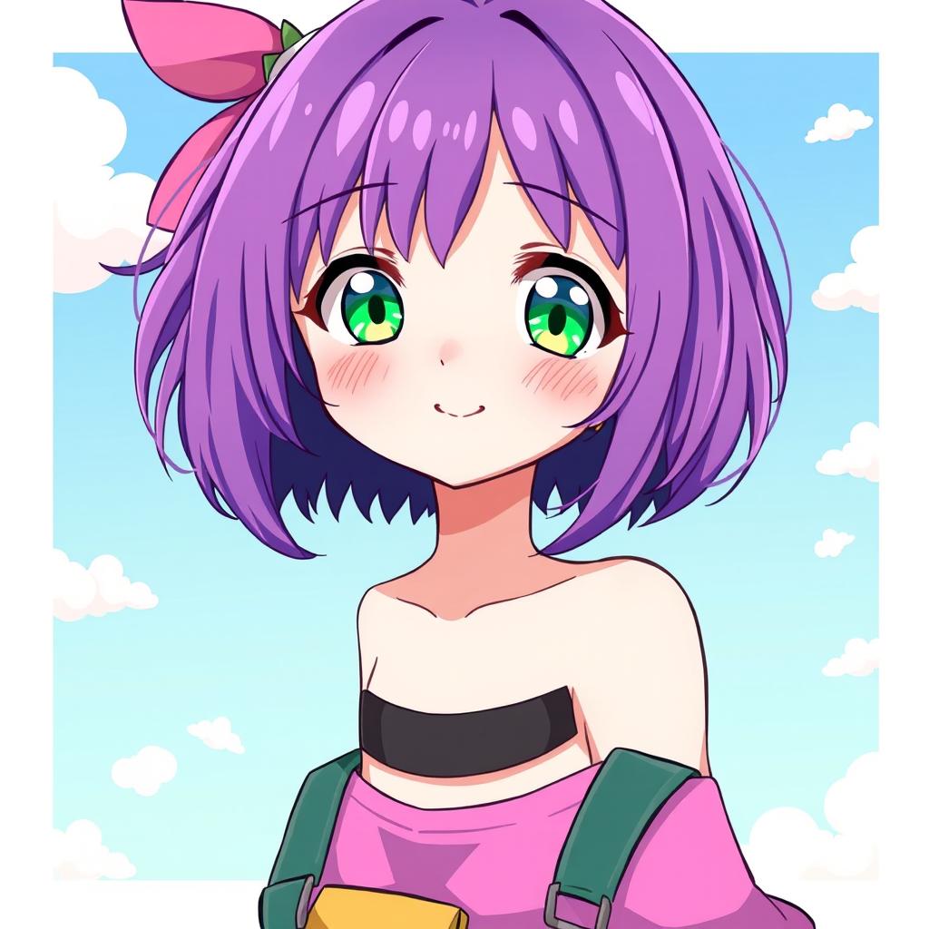 A woman with short, vibrant purple hair and captivating green eyes, illustrated in a charming anime style
