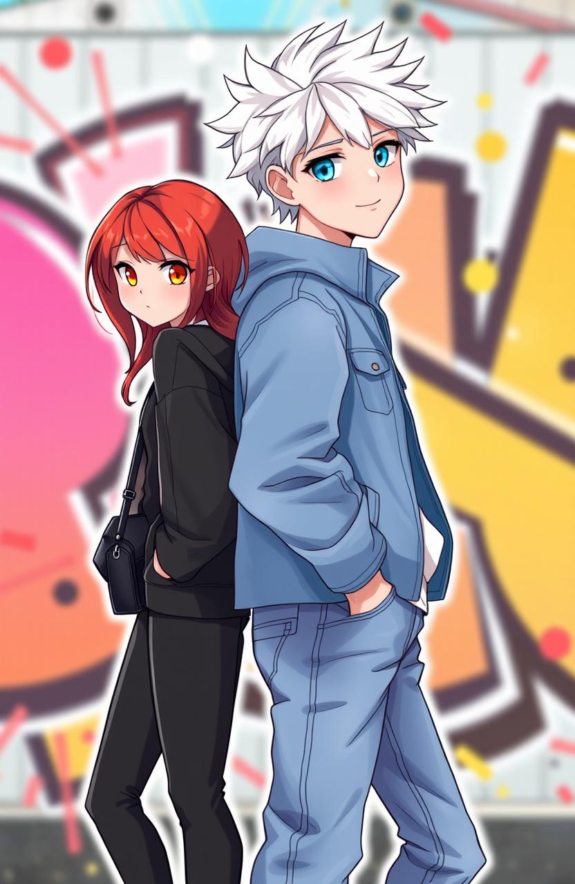 A vibrant illustration featuring two teenagers standing back to back