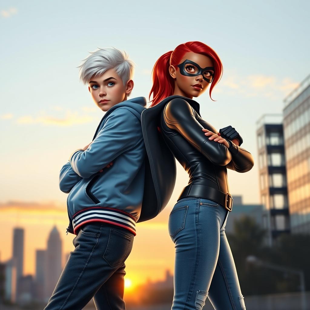 A realistic image depicting two teenagers standing back to back in superhero stances