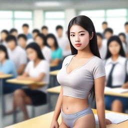 A high-quality digital art image featuring a beautiful Asian college girl with big lips, dressed only in a thong, standing confidently in a bustling classroom