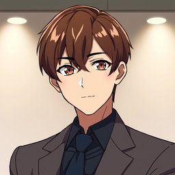 A man with short, neatly styled brown hair and warm brown eyes, illustrated in a polished anime style