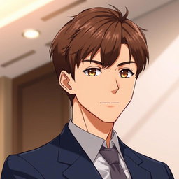 A man with short, neatly styled brown hair and warm brown eyes, illustrated in a polished anime style