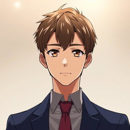 A man with short, neatly styled brown hair and warm brown eyes, illustrated in a polished anime style