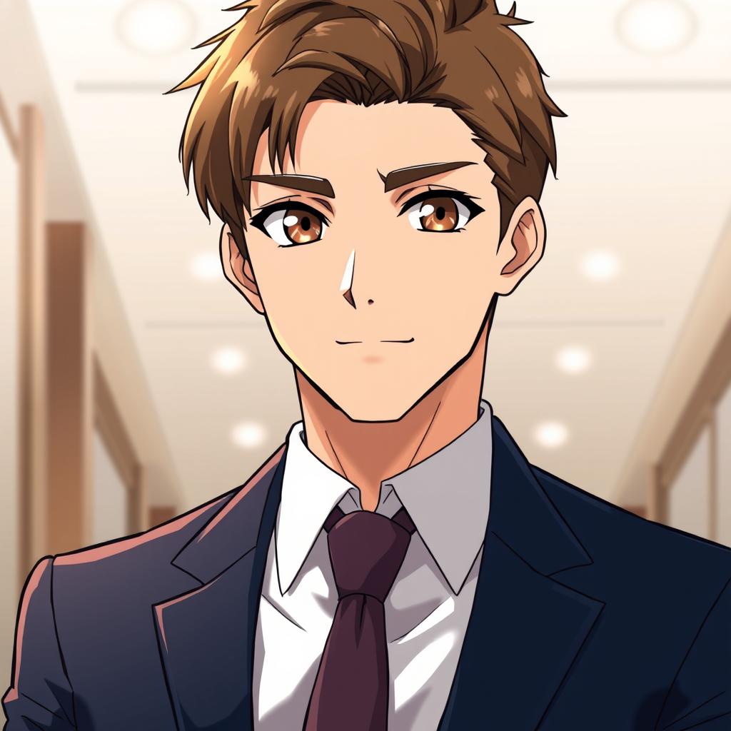A man with short, neatly styled brown hair and warm brown eyes, illustrated in a polished anime style