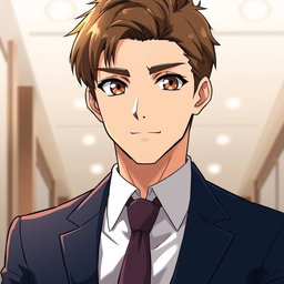 A man with short, neatly styled brown hair and warm brown eyes, illustrated in a polished anime style