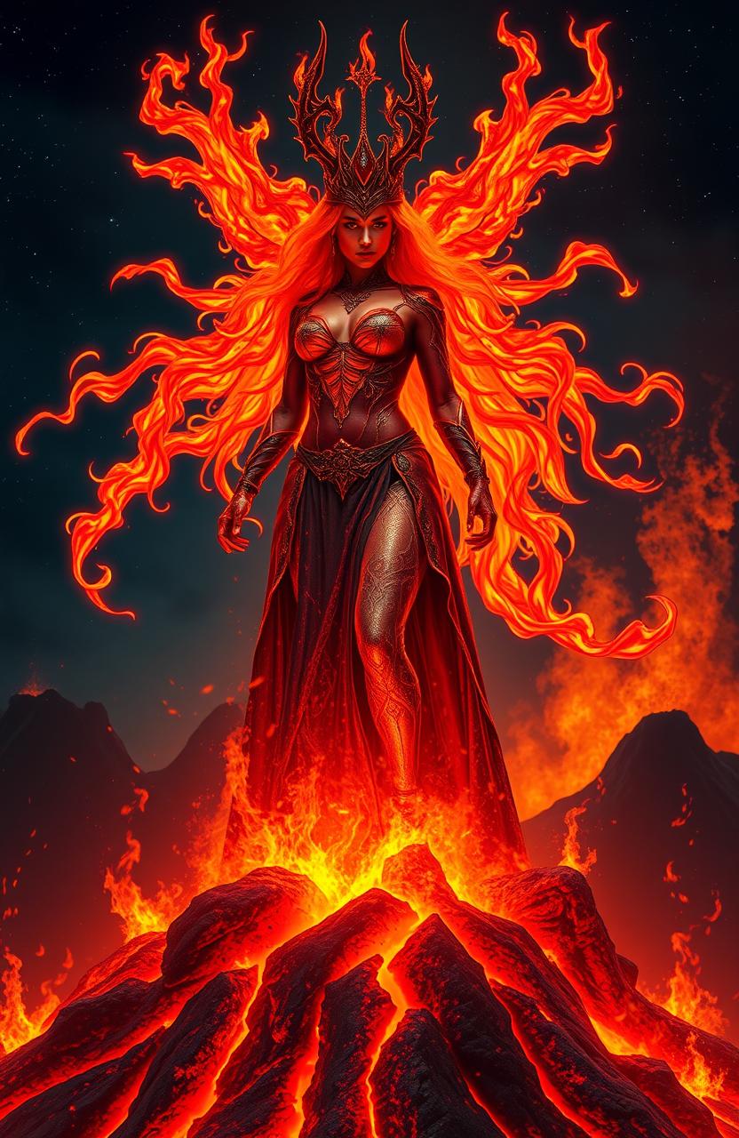 A mythical Lava Queen, adorned in molten lava and glowing magma attire, rises majestically from an erupting volcano