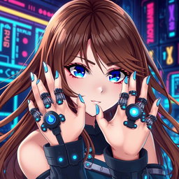 A woman with long, flowing brown hair and striking blue eyes, illustrated in a captivating anime style