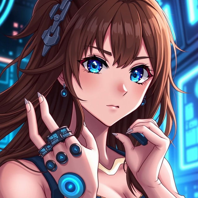 A woman with long, flowing brown hair and striking blue eyes, illustrated in a captivating anime style