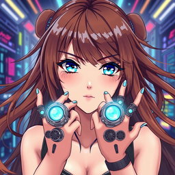 A woman with long, flowing brown hair and striking blue eyes, illustrated in a captivating anime style