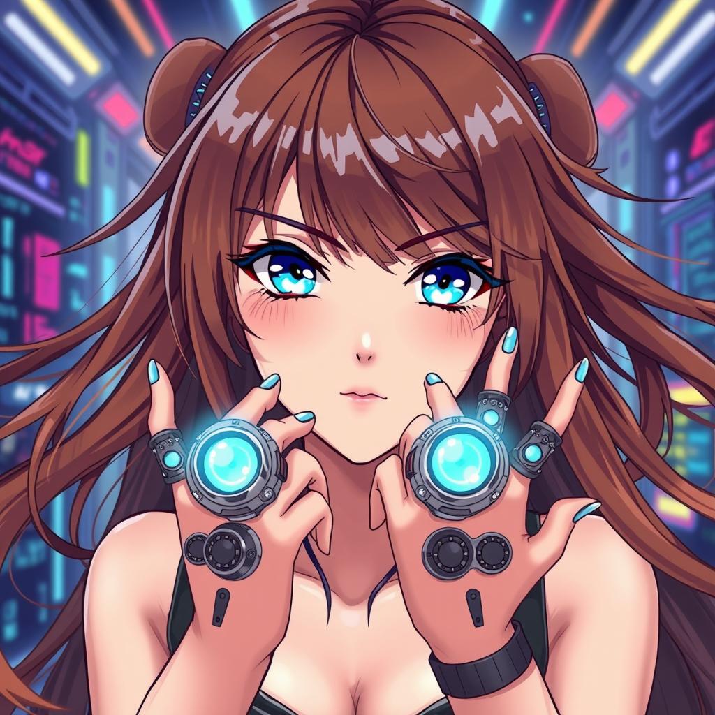 A woman with long, flowing brown hair and striking blue eyes, illustrated in a captivating anime style