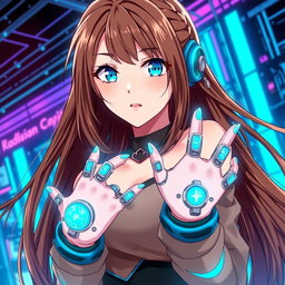 A woman with long, flowing brown hair and striking blue eyes, illustrated in a captivating anime style