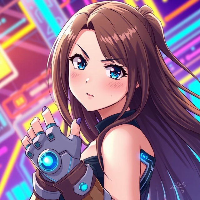 A woman with long, flowing brown hair cascading down her back and striking blue eyes, illustrated in an engaging anime style
