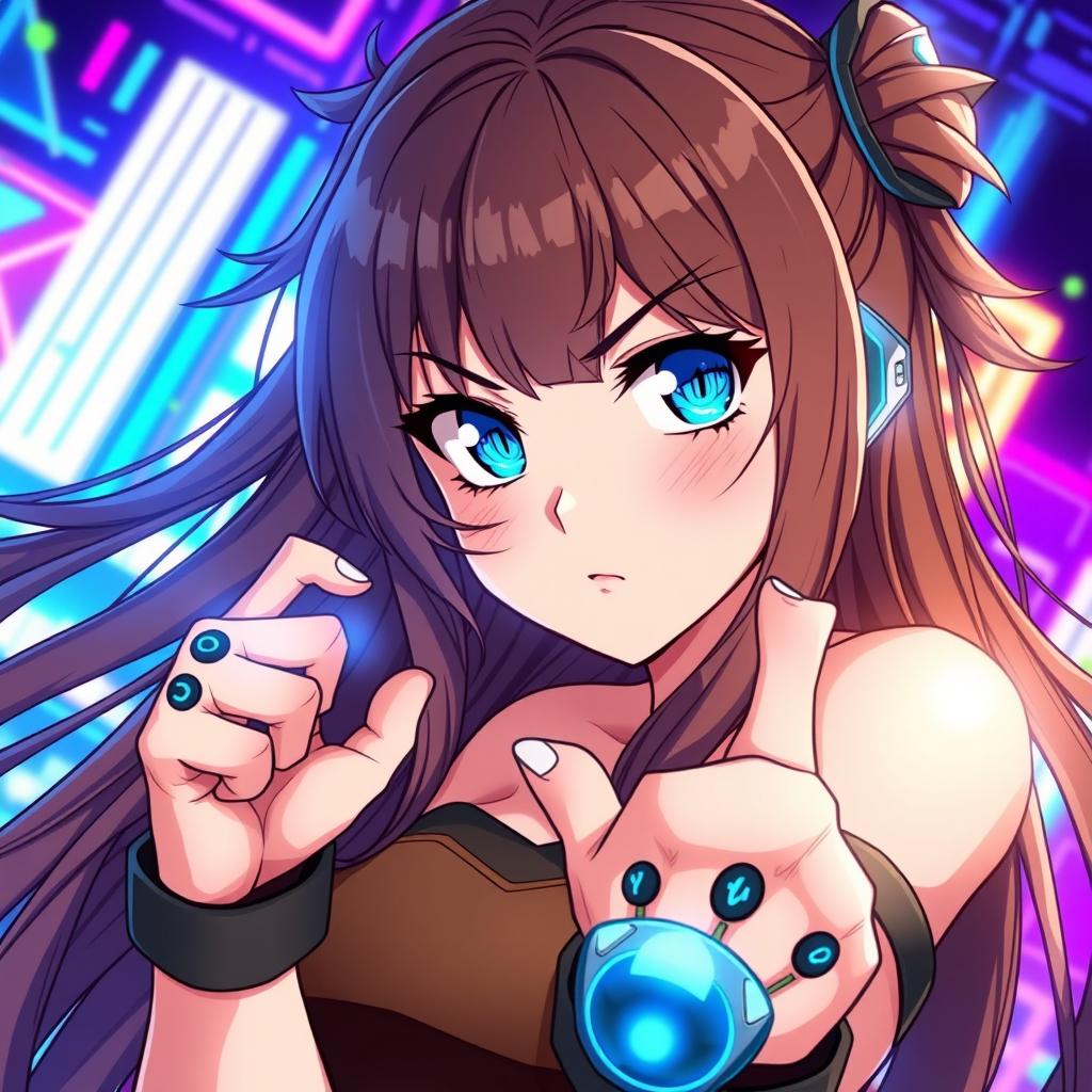 A woman with long, flowing brown hair cascading down her back and striking blue eyes, illustrated in an engaging anime style