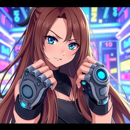 A woman with long, flowing brown hair cascading down her back and striking blue eyes, illustrated in an engaging anime style