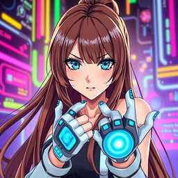 A woman with long, flowing brown hair cascading down her back and striking blue eyes, illustrated in an engaging anime style