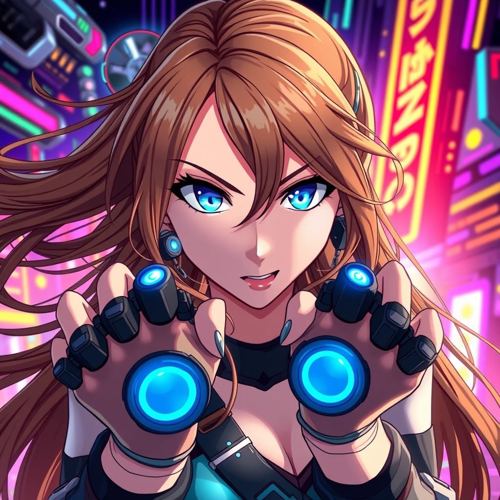 A dynamic woman with long, flowing brown hair and striking blue eyes, illustrated in an eye-catching anime style