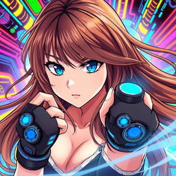 A dynamic woman with long, flowing brown hair and striking blue eyes, illustrated in an eye-catching anime style
