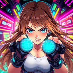 A dynamic woman with long, flowing brown hair and striking blue eyes, illustrated in an eye-catching anime style