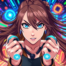 A dynamic woman with long, flowing brown hair and striking blue eyes, illustrated in an eye-catching anime style