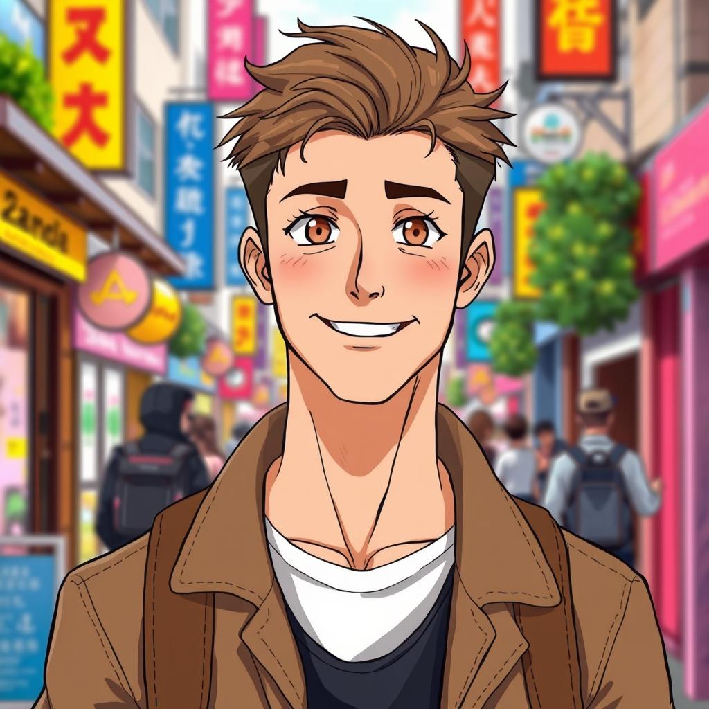 A man in his thirties portrayed in a lively anime style