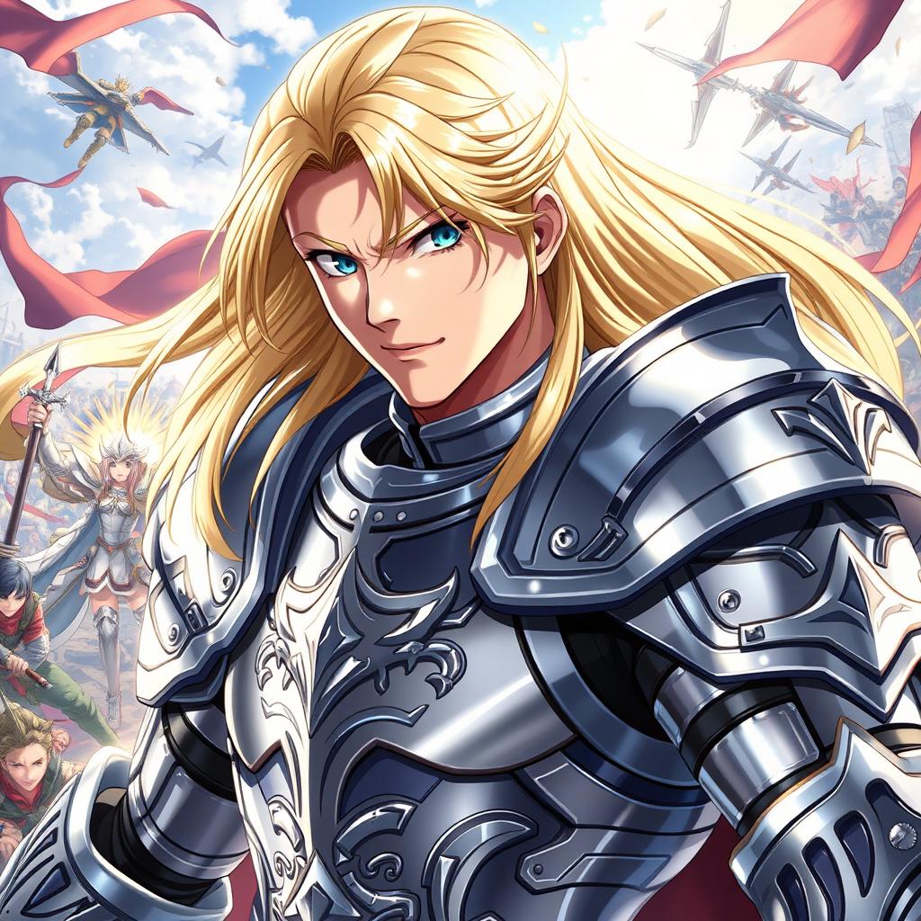 A heroic man clad in silver shining armor, depicted in a dynamic anime style