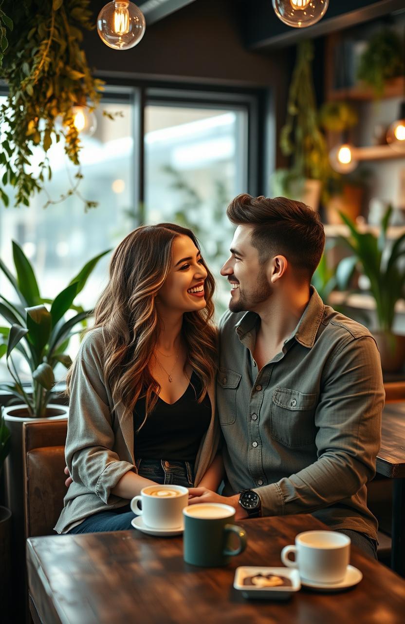 A vibrant, casual encounter between two attractive adults in their late twenties, at a trendy café environment filled with plants and warm lighting