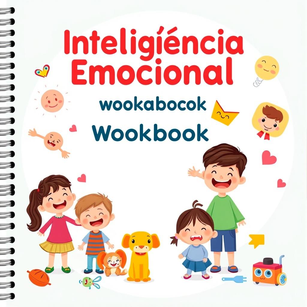 A visually appealing design for the cover of a school workbook with the caption 'Inteligência Emocional para Crianças de 2 a 4 Anos', prominently displayed in Portuguese