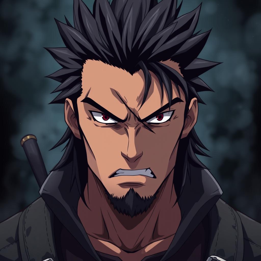 An angry man portrayed in a striking anime style, featuring long black spiky hair that stands out dramatically