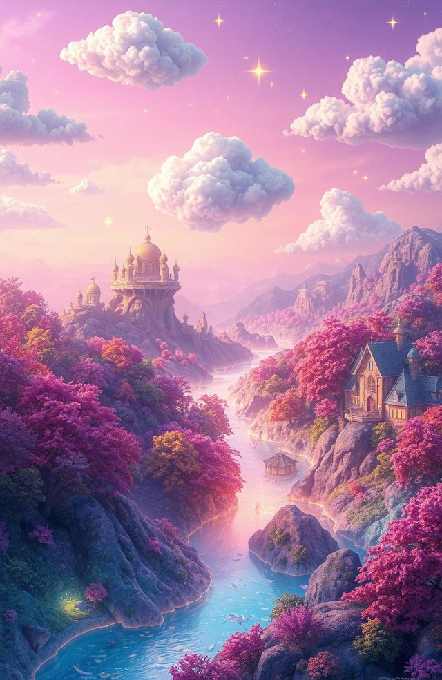 A surreal dream world filled with vibrant colors and fantastical landscapes