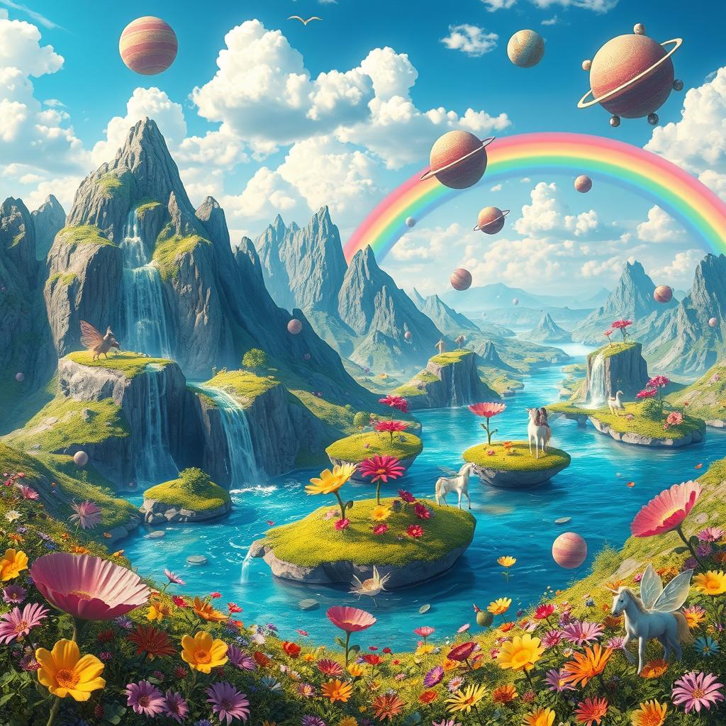 A whimsical dream world featuring surreal landscapes, vibrant colors, and floating islands