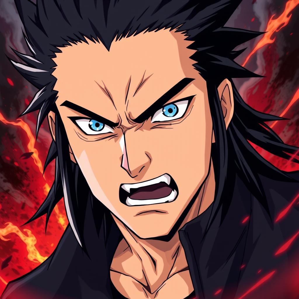 An angry man illustrated in a dynamic anime style, featuring long black spiky hair that frames his fierce face