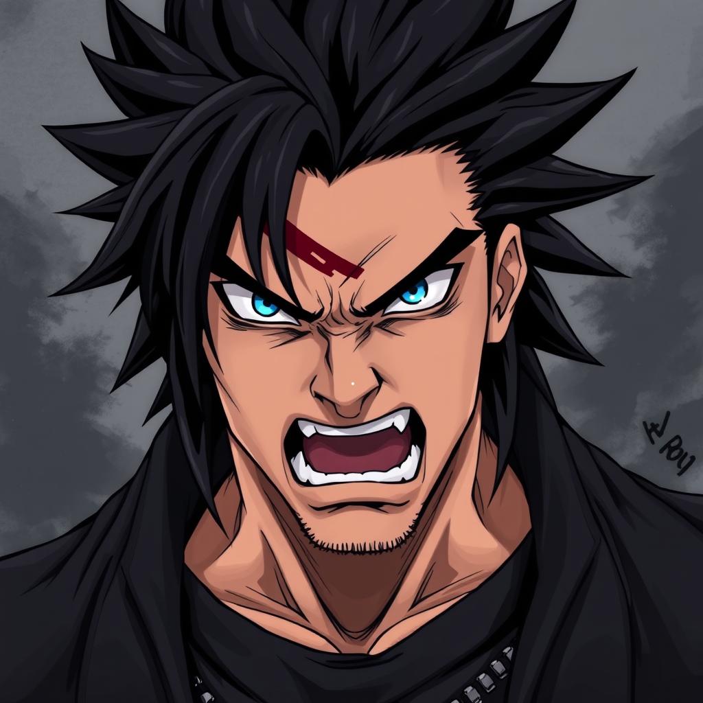 An angry man illustrated in a dynamic anime style, featuring long black spiky hair that conveys his fierce nature