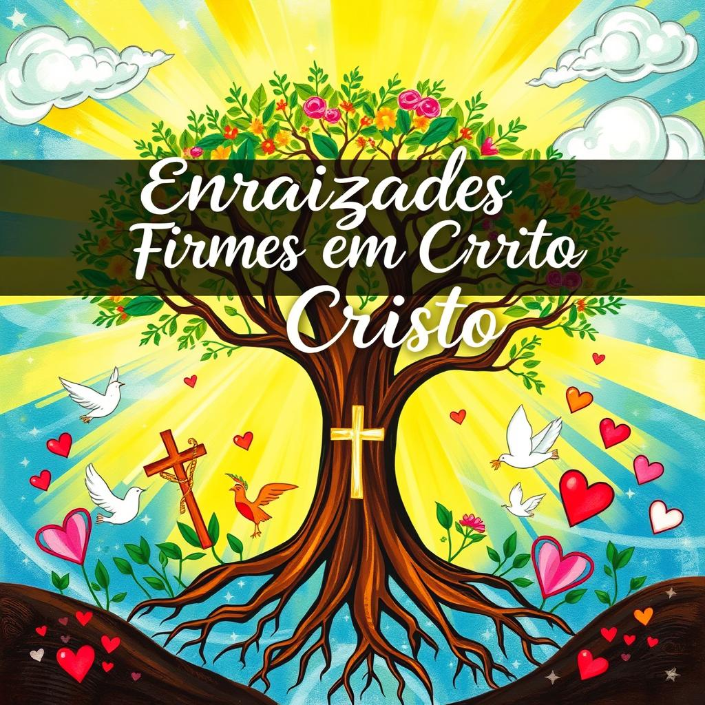 A colorful and inspirational poster design featuring the theme 'Enraizados e Firmes em Cristo'