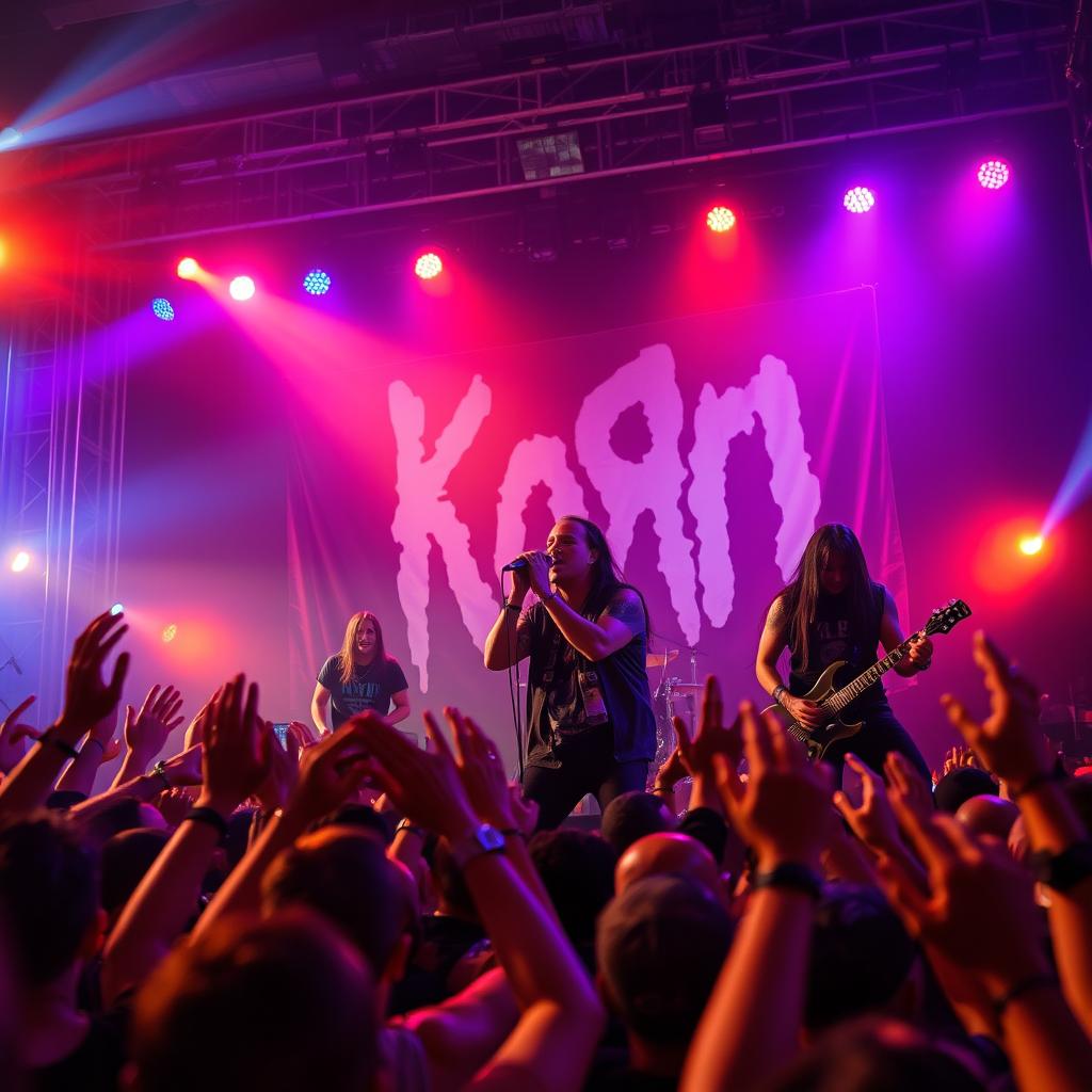 An electrifying live concert atmosphere featuring the iconic band Korn performing on stage
