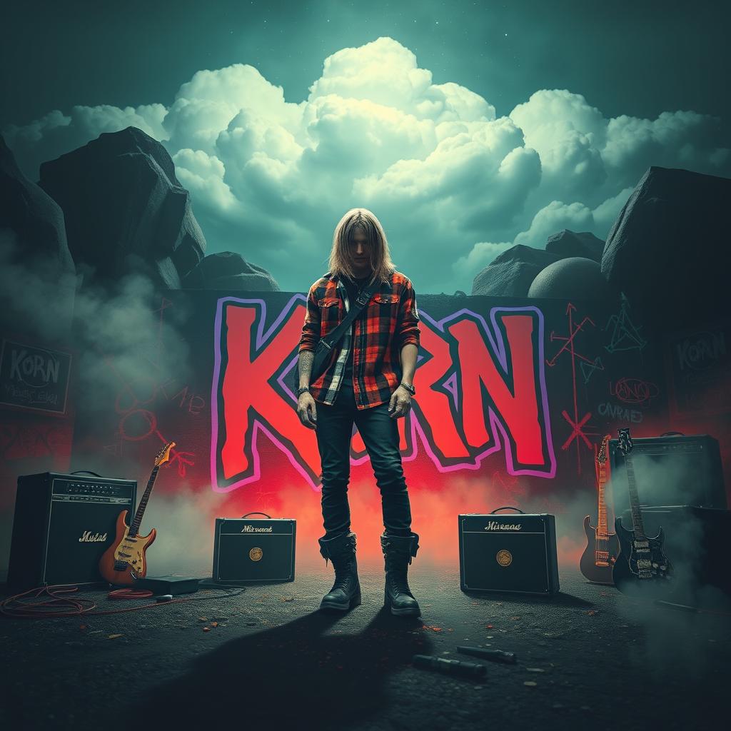 A fusion of the iconic styles of the bands Korn and Nirvana, featuring a grunge-inspired atmosphere with a surreal twist