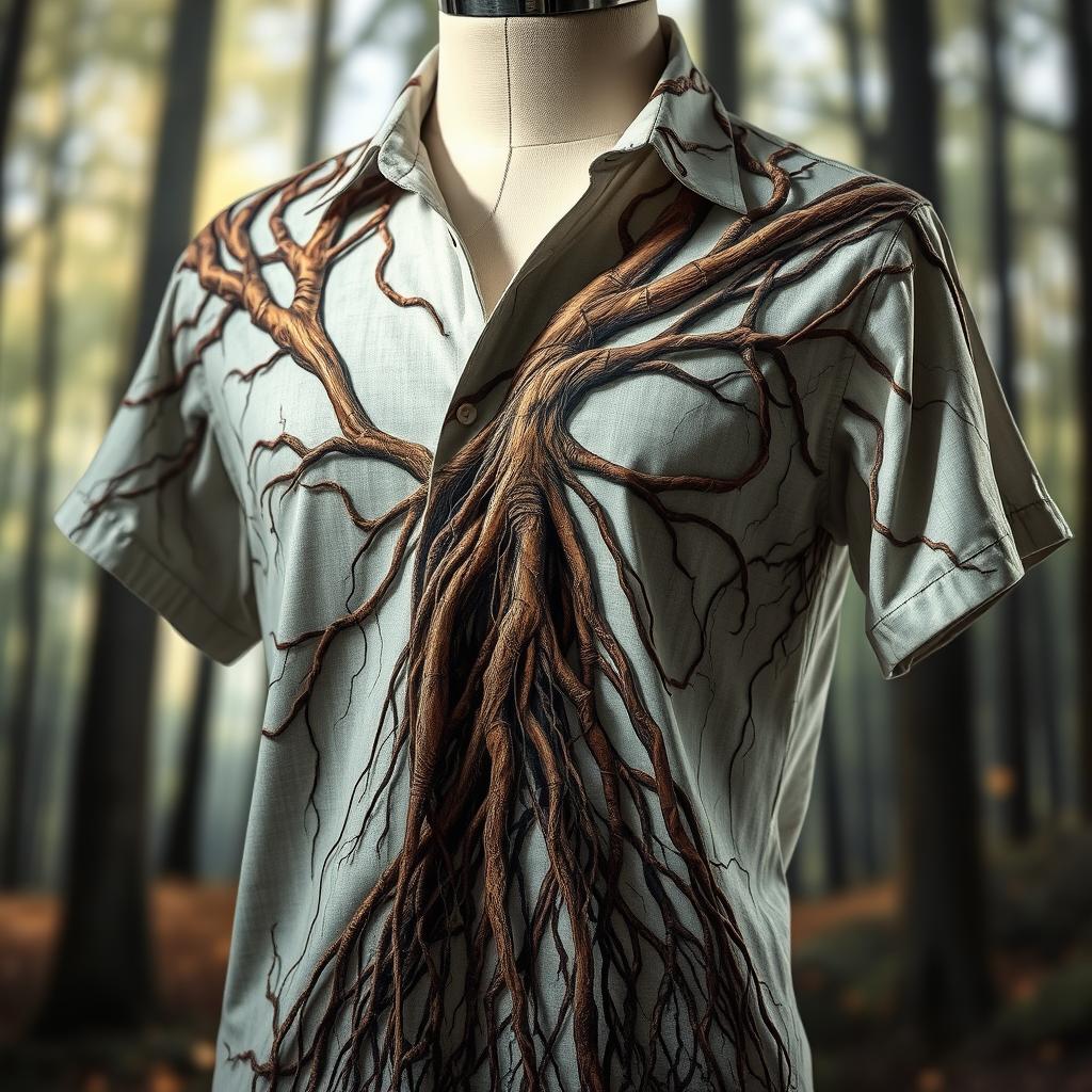 A detailed and artistic depiction of a shirt featuring an intricate design of roots and natural elements intertwined throughout the fabric