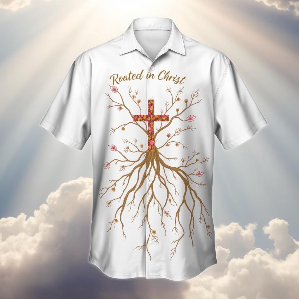 A beautifully crafted shirt with a theme that symbolizes being rooted in Christ