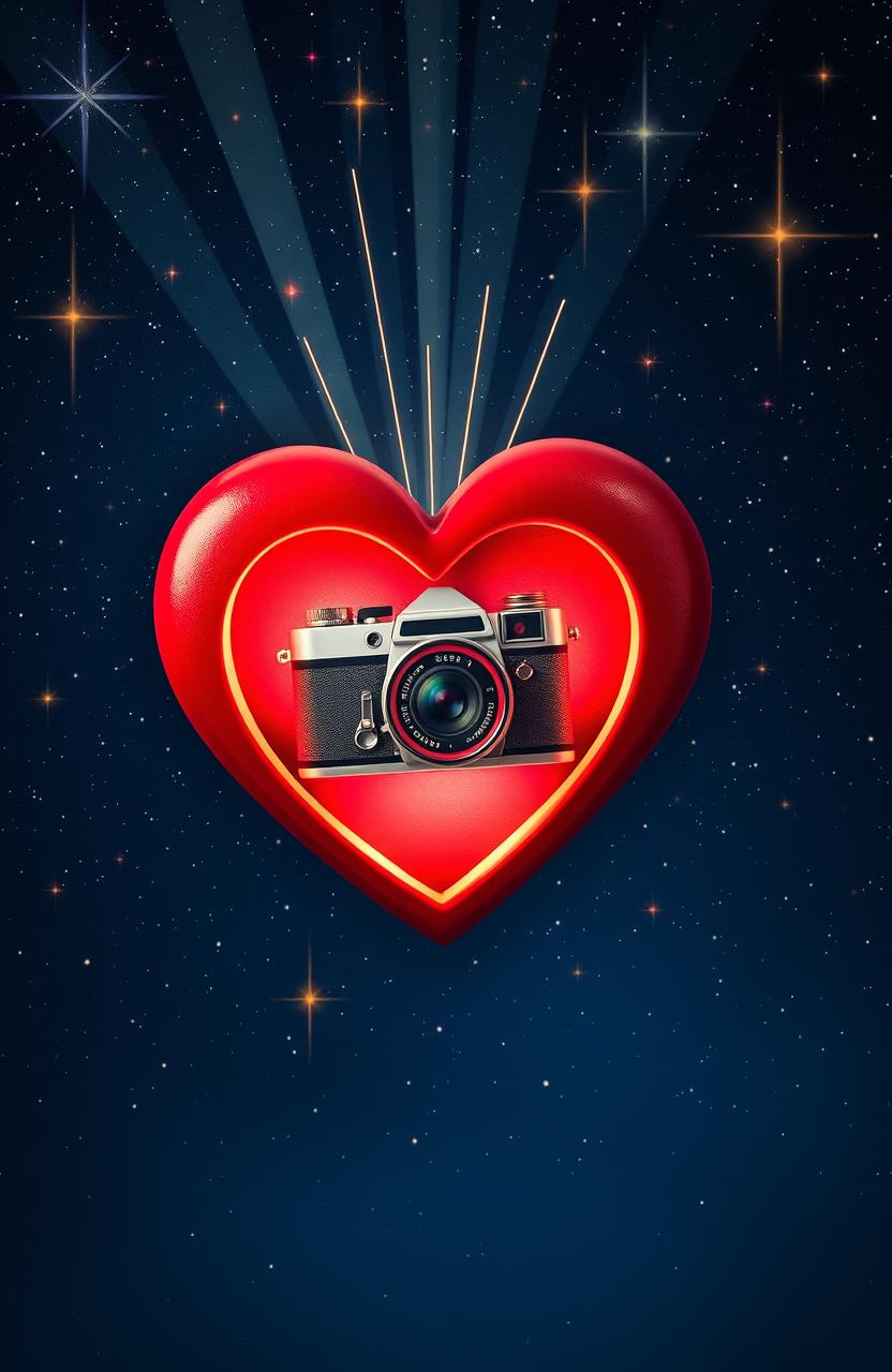 A whimsical scene featuring a vintage camera enclosed within a vibrant red heart, positioned against a backdrop of a starry night sky