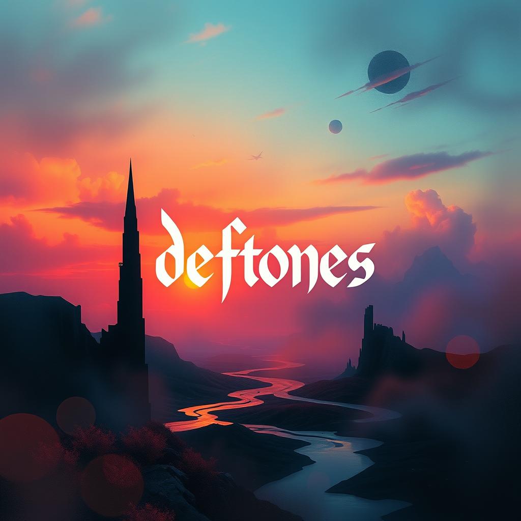 A surreal and atmospheric music album cover inspired by the Deftones, featuring a dreamlike landscape with a hazy, ethereal quality