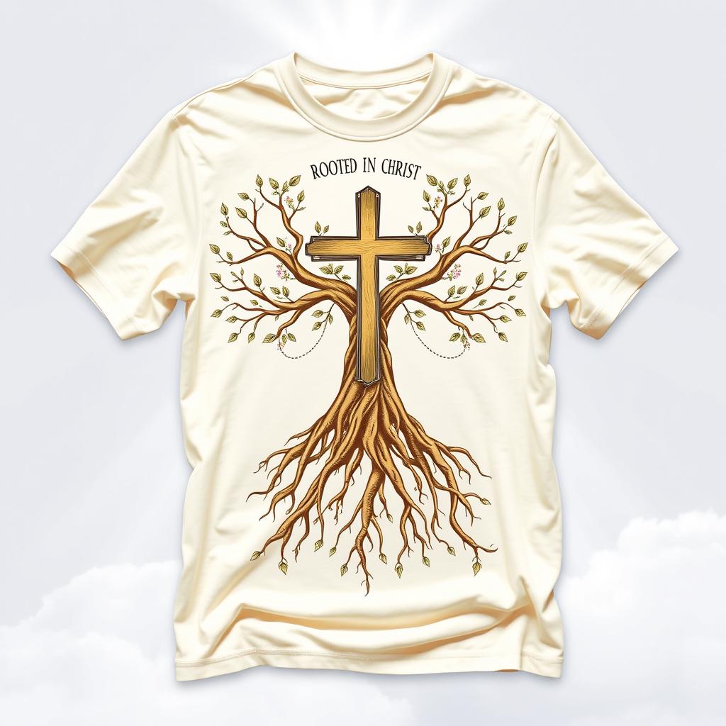 A beautifully designed t-shirt that embodies the theme "Rooted in Christ"