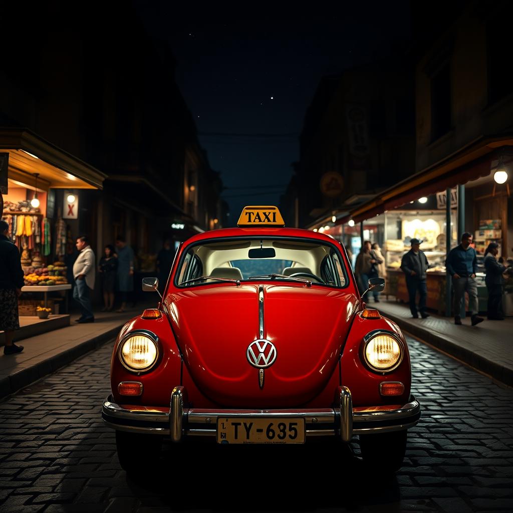 A dramatic front view of a vintage red Volkswagen taxi positioned in a dark night scene, surrounded by lively street vendors and an urban atmosphere