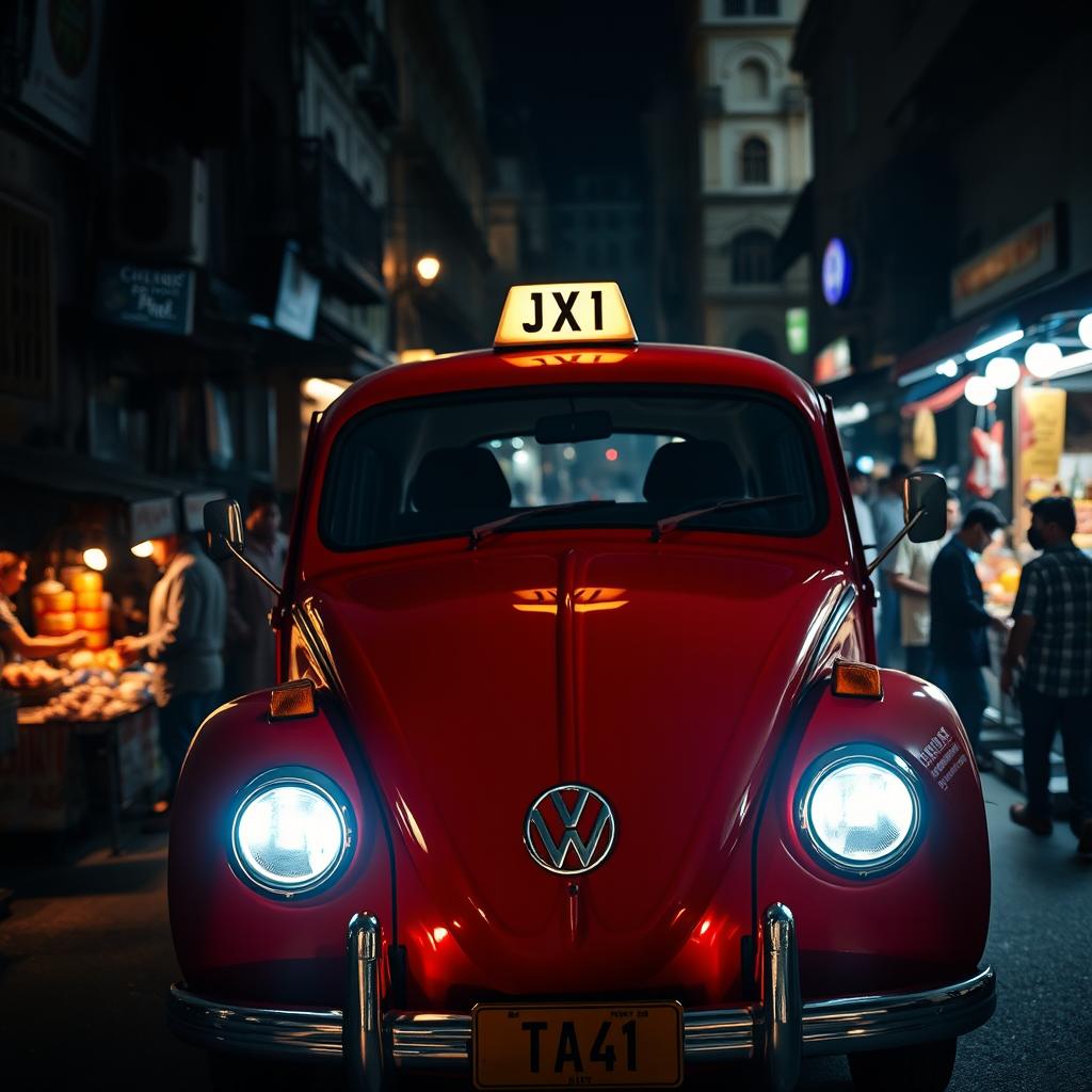 A striking front view of a vintage red Volkswagen taxi in a dark urban setting, surrounded by street vendors and a lively nightlife scene