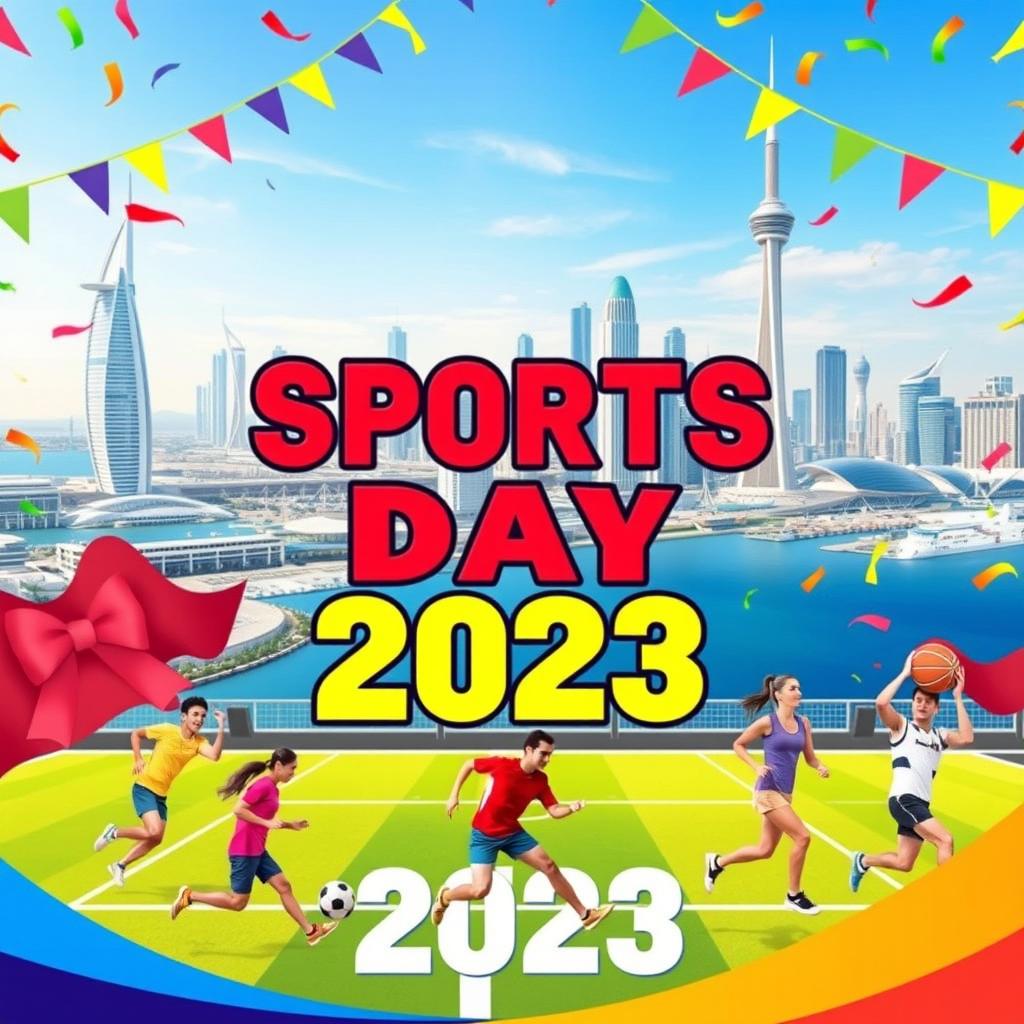 A vibrant sports day poster featuring a stunning backdrop of Qatar's skyline with iconic landmarks like the Burj Qatar and Aspire Tower