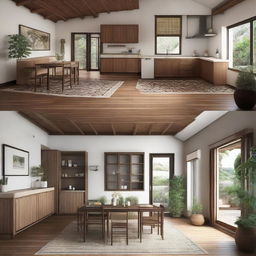 A beautifully designed home with four consecutive rooms, one common bathroom, a kitchen, and a dining area featuring a Varendra-style table