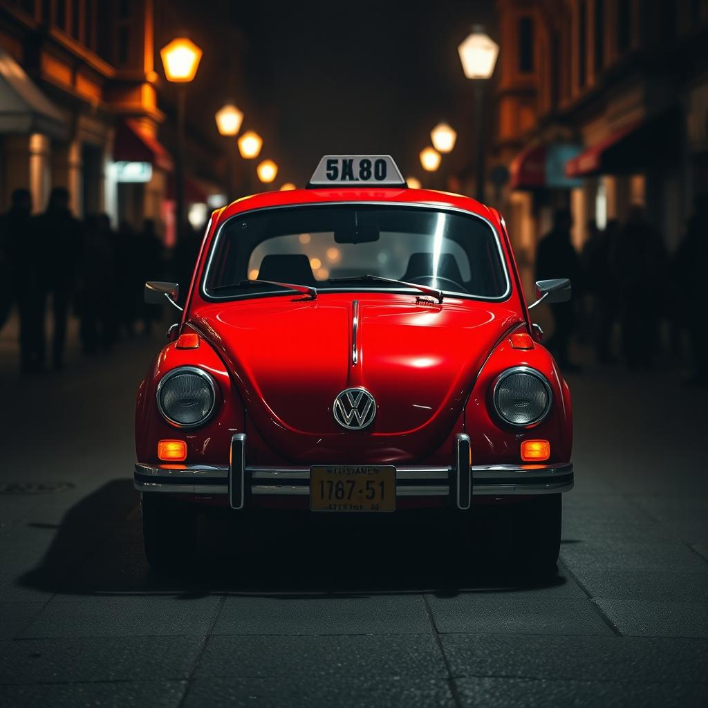 A captivating front view of a vintage red Volkswagen taxi parked on a dark urban street