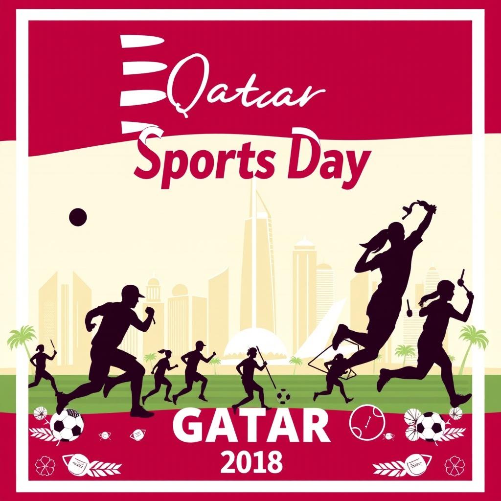 A vibrant and festive cover page design celebrating Qatar National Sports Day