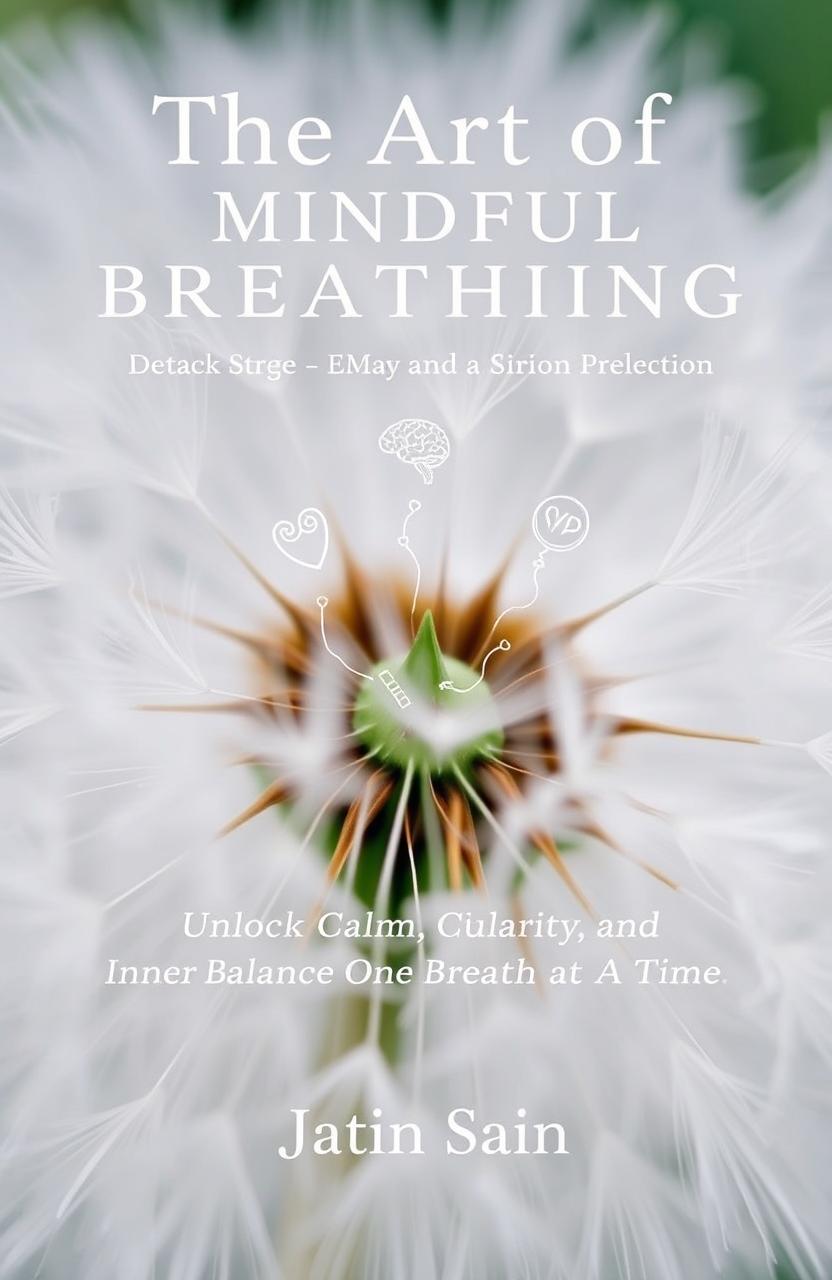 A close-up of a dandelion clock with delicate seeds gently floating away, transforming into small, abstract symbols representing the benefits of mindful breathing: a brain symbolizing clarity, a heart symbol for emotional regulation, and other wellness symbols
