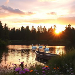 A serene landscape at sunset featuring a tranquil lake surrounded by tall pine trees, with the sun casting a warm golden light reflecting off the water