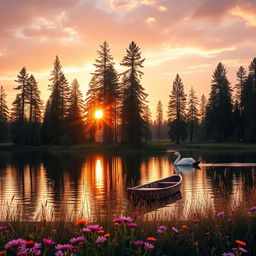A serene landscape at sunset featuring a tranquil lake surrounded by tall pine trees, with the sun casting a warm golden light reflecting off the water